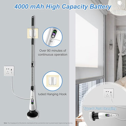 Electric Spin Scrubber with Power LCD Display, Cordless Bathroom Cleaning Brush with Adjustable Extension Handle, 400RPM/Mins, 9 Replaceable Brush Heads, IPX7 Waterproof for Shower, Bathtub, Tile