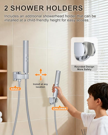 Chrome Shower System with Tub Spout, Wall Mounted Bathtub Shower Faucet Set, 12" Rainfall Shower Head and Handheld Shower Combo, High Pressure Shower Fixtures Set with Rough-in Valve