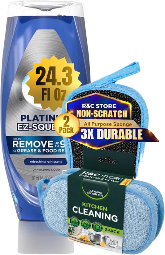 Platinum E-Z_Squeezee Liquid Dish Soap 24.3 Fl | Bundle + 2 Dual-Sided Non-Scratch Scrubbing Sponge | Fresh Rain Scent | Dishwashing Liquid | Kitchen Cleaning Set | By R&C Store