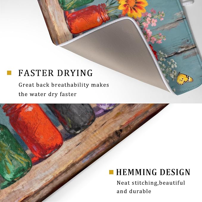 Spring Summer Floral Dish Drying Mat for Kitchen Counter 18x24 Flower Bottle Butterfly Woodgrain Seasonal Absorbent Reversible Microfiber Drying Mats Kitchen Countertop Protector Dishes Drainer Pad