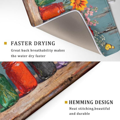 Spring Summer Floral Dish Drying Mat for Kitchen Counter 18x24 Flower Bottle Butterfly Woodgrain Seasonal Absorbent Reversible Microfiber Drying Mats Kitchen Countertop Protector Dishes Drainer Pad