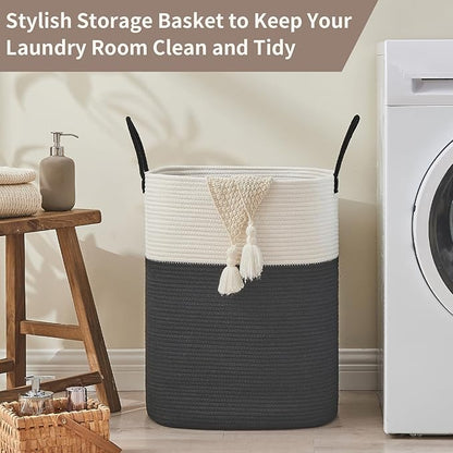 Laundry Basket with Handles - Blanket Basket & Hampers for Bedroom Aesthetic, Laundry Hamper & Blanket Storage for Living Room, Clothes Hamper, Tall, Large 17" x 14" x 25”, White & Black