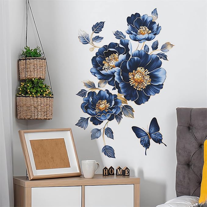 Gorgeous Blue Peony Rose Flower Wall Stickers, sacinora Butterfly Floral Art 3D Wall Decals Removable Vinyl Peel and Stick for Bedroom Study Room Bathroom Home Decorations