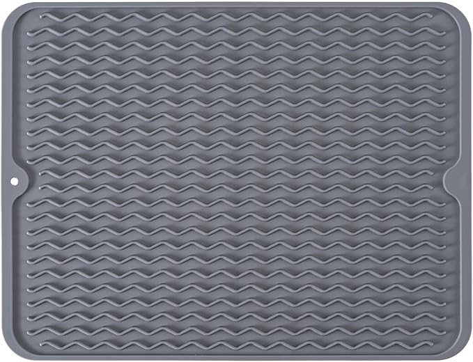 Large 24" x 18" Silicone Dish Drying Mat for Kitchen Counter, Easy clean, Quick Dry, Heat-resistant Dish Drainer Mat for Sink,Refrigerator or Drawer liner (Food Grade Silicone-Grey)