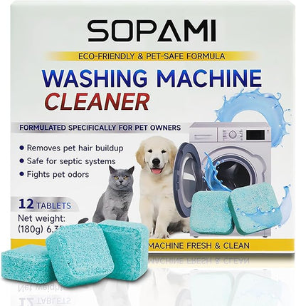 SOPAMI Washing Machine Cleaner Tablets 12 Pack, Deep Clean HE Front Load Top Load Washer, Remove Stubborn Pet Hair Odors, Septic Safe Pet Owner Solution washing machine tablets