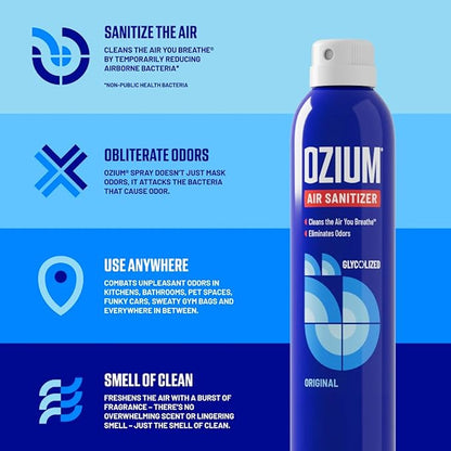 Ozium® 8 Oz. Air Sanitizer & Odor Eliminator for Homes, Cars, Offices and More, Original Scent - 4 Pack | Reduces Airborne Bacteria Eliminates Smoke & Malodors