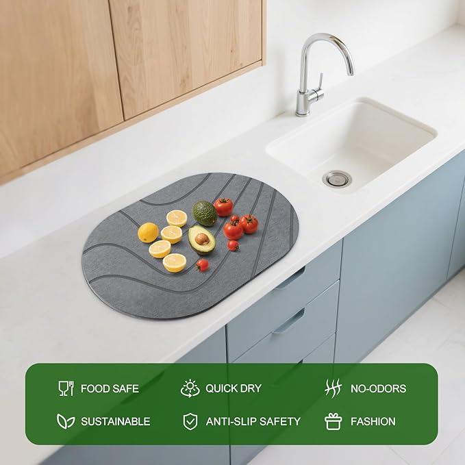 Large Stone Drying Mat for Kitchen Counter of 1 Pack ,24''x16'' Quick Dish Drying Stone Mat Kitchen,Double-sided Diatomaceous Earth Stone Drying Mat,No Moisture Residue, Stone Dish Drying Mat (Oval)