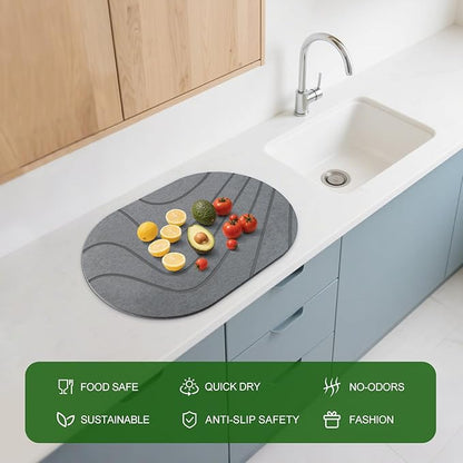 Large Stone Drying Mat for Kitchen Counter of 1 Pack ,24''x16'' Quick Dish Drying Stone Mat Kitchen,Double-sided Diatomaceous Earth Stone Drying Mat,No Moisture Residue, Stone Dish Drying Mat (Oval)