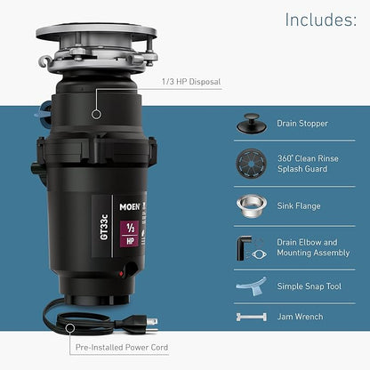 Moen GT33C Lite Series 1/3 Horsepower Continous Feed Garbage Disposal featuring Fast Track Technology, Power Cord Included