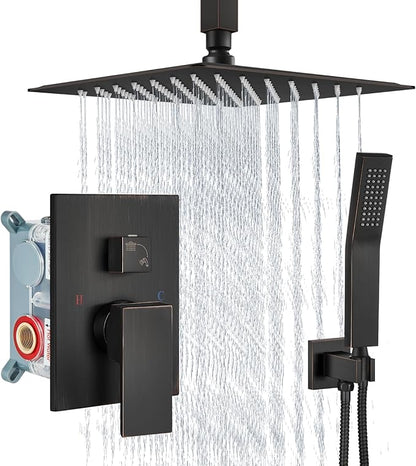 Aolemi Ceiling Mount Shower System Rain Shower Head with Handheld Spray High Pressure Shower Faucet Set Rough-in Valve Shower Trim Kit Included Bathroom Oil Rubbed Bronze 10 Inch Ceiling Shower Head