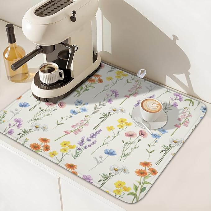 Spring Floral Dish Drying Mat for Kitchen Counter 16 x 18 Inch Colorful Flowers Dish Drainer Mat Absorbent Microfiber Dish Rack Pad for Summer Holiday Coffee Dining Bar Decor