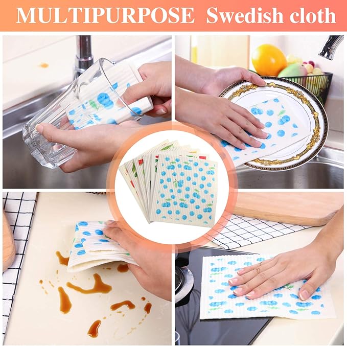 Patelai Mixed Fruit Swedish Kitchen Dishcloths Reusable Dish Towels Absorbent and Fast Dry Cleaning Cloths for Kitchen Blueberry Cherry Strawberry Lemon Pineapple Watermelon Cleaning Wipes (6 Count)