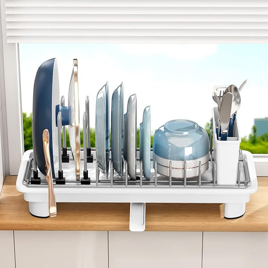 Compact Dish Drying Rack with Utensil Holder – Small Countertop Dish Drainer with 360° Rotating Drain Spout, Stainless Steel Dish Rack for Kitchen Sink, Space-Saving Design for Small Kitchen, White