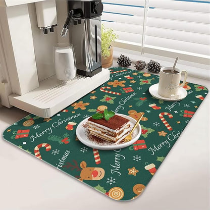 Christmas Dish Drying Mat for Kitchen Counter 2 Pack with Non-Slip Rubber Backing - Absorbent Coffee Bar Mat, Dish Rack Mat, Christmas Gingerbread Man Candy Cane Dish Drying Mats 18x24+19.5x12 inch