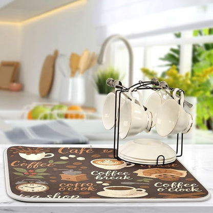 Tea and Coffee Theme Microfiber Dish Drying Mat Absorbent Dish Draining Mat Large Size 18 x 24 Dishes Drainer Mat for Countertop Dish Drying Pads