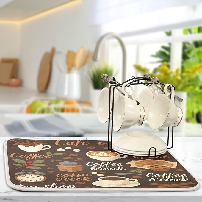 Tea and Coffee Theme Absorbent Dishes Drainer/Rack Mat for Countertop Small Size 16 x 18, Microfiber Dish Drying Pads Kitchen Counter Draining Pad