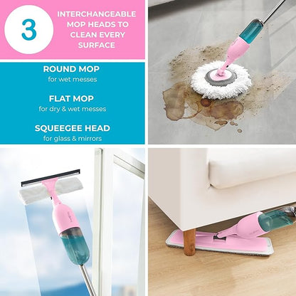 True & Tidy® Clean Everywhere Spray Mop Kit with 3 Interchangeable Heads & Refillable Tank - Flat, Round, Squeegee (Pink)