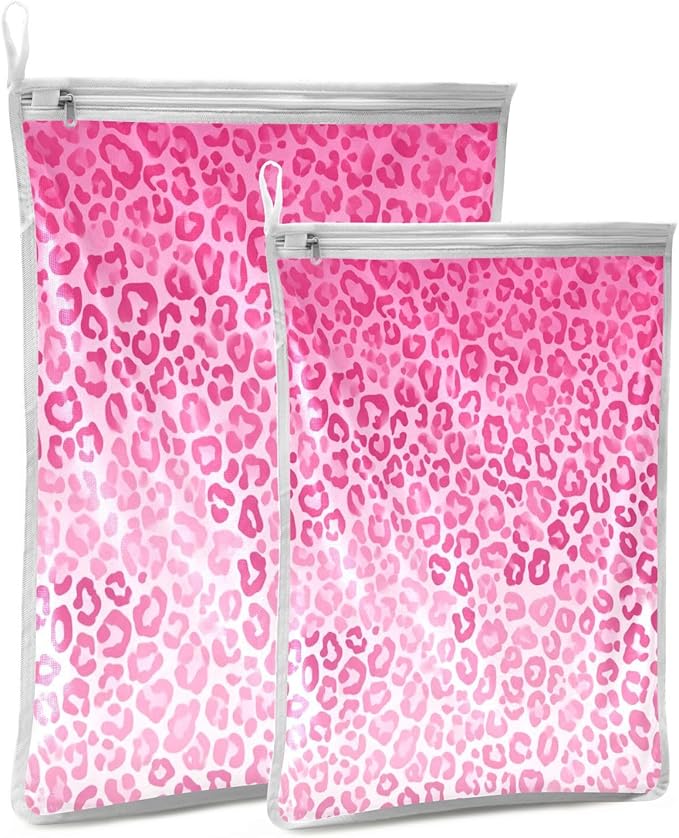 Mesh Laundry Bags Lingerie Bags for Washing Delicates 2 PCS Durable Wash Bag with Zipper Small and Medium Washable Gradient Pink Leopard Print