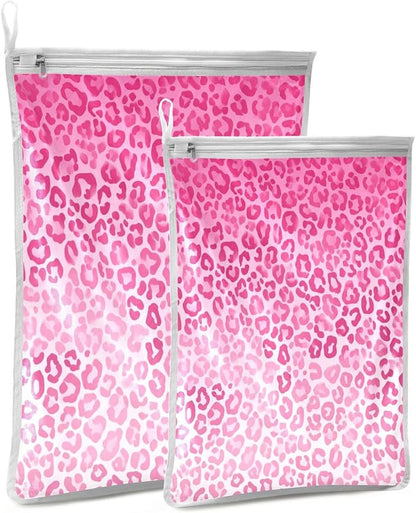 Mesh Laundry Bags Lingerie Bags for Washing Delicates 2 PCS Durable Wash Bag with Zipper Small and Medium Washable Gradient Pink Leopard Print