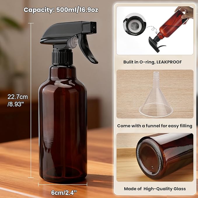 Glass Spray Bottles 16.9oz Empty Spray Bottle Mist/Stream Spraying Small Refillable Containers for Hair Care, Cleaning Solutions, Plants, Essential Oils 2 Pack (Brown, 16.9oz)