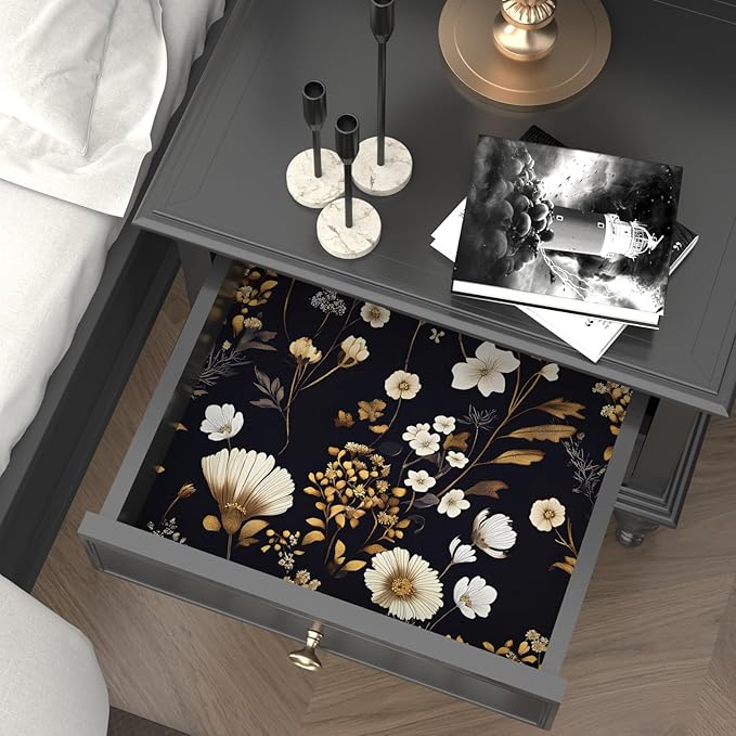 Floral Peel and Stick Wallpaper Vintage Black gold Flower Contact Paper Vinyl Waterproof Self Adhesive Removable Retro Decor Dark Botanical Wall Paper for Bedroom Walls Bookcase Drawers 17.5" x 393"