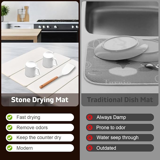 Large Stone Dish Drying Mat for kitchen Counter, 24"(L)x16"(w) Dish Drying Mat, Fast Water-Absorbing,Diatomaceous Earth Non-Slip Stone Mat, Multi-Purpose Foldable Dish Drying Stone Mat