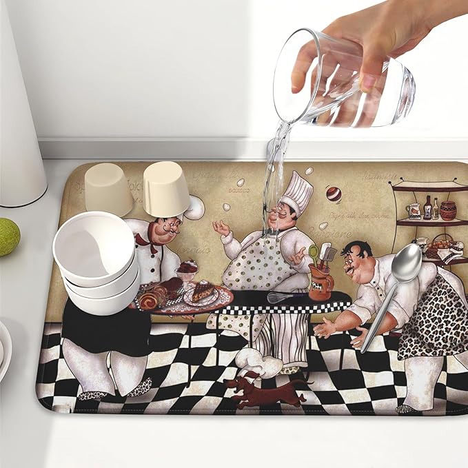 Fat Chef Dish Drying Mat For Kitchen Counter 18x24 Inch Microfiber Absorbent Drying Pad Chef Kitchen Drying Mat Dishes Pad Dish Drainer Rack Mats For Coffee Bar Decor Mats