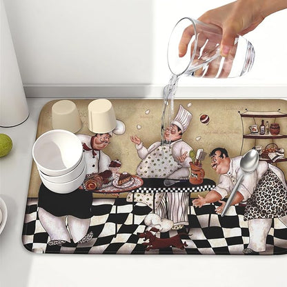 Fat Chef Dish Drying Mat For Kitchen Counter 18x24 Inch Microfiber Absorbent Drying Pad Chef Kitchen Drying Mat Dishes Pad Dish Drainer Rack Mats For Coffee Bar Decor Mats