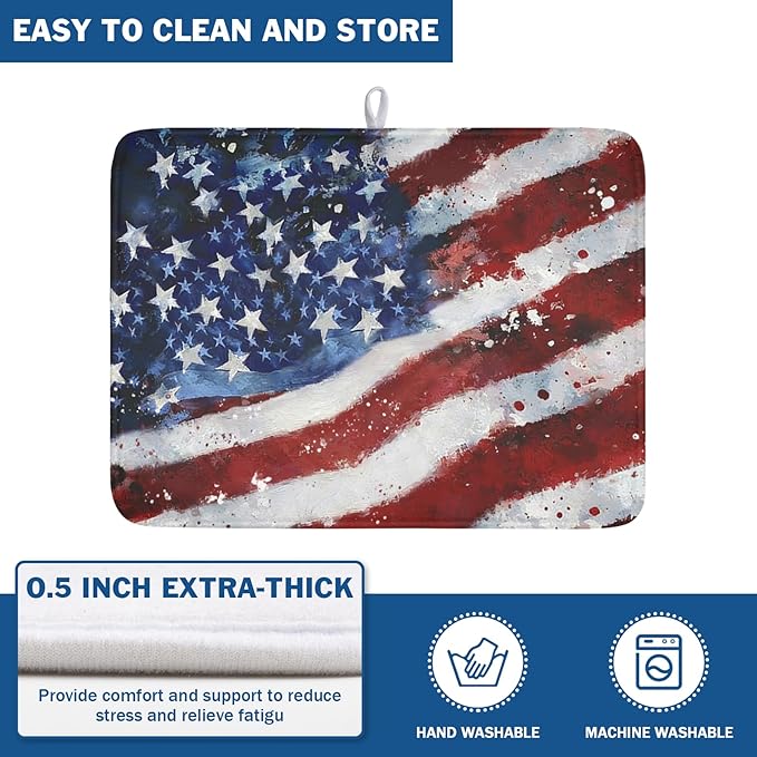 4th of July Dish Drying Mat 24x18 Inch, Patriotic Drying Mat with Absorbent Reversible Microfiber, Independence Day Dish Drainer Mats Memorial Day Rack Pad for Coffee Countertop Kitchen Protector