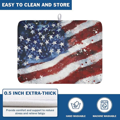 4th of July Dish Drying Mat 24x18 Inch, Patriotic Drying Mat with Absorbent Reversible Microfiber, Independence Day Dish Drainer Mats Memorial Day Rack Pad for Coffee Countertop Kitchen Protector