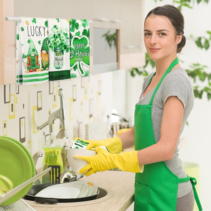 Zubebe 6 Pcs St. Patrick's Day Kitchen Towel Irish Lucky Shamrock Dish Towel Watercolor Gnome Hand Towels Reusable Tea Towel for Holiday Cooking Baking Drying Cleaning Wipes Home Decor, 18 x 28 Inch