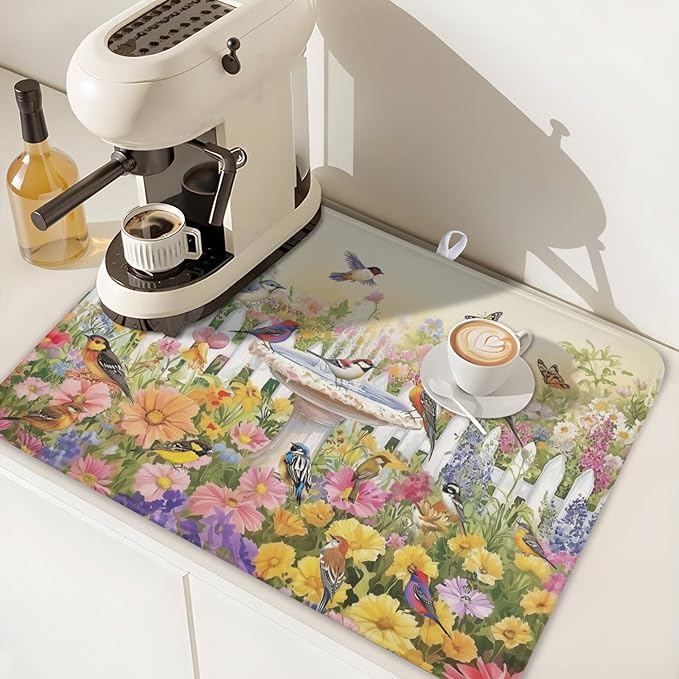 Spring Summer Floral Birds Dish Drying Mat for Kitchen Counter Colorful Garden Pattern Drying Mat 18x24 Inch Rustic Farmhouse Absorbent Dish Drainer Mat Kitchen Accessories