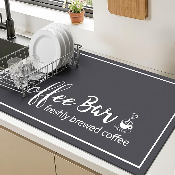 Findosom Dish Drying Mat, 16"x 24" Super Absorbent & Hide Stain Coffee Mat, Cuttable Drying Mat for Kitchen Counter, Coffee Bar Accessories, Under Dish Rack, Coffee Maker, Espresso Machine, DarkGrey