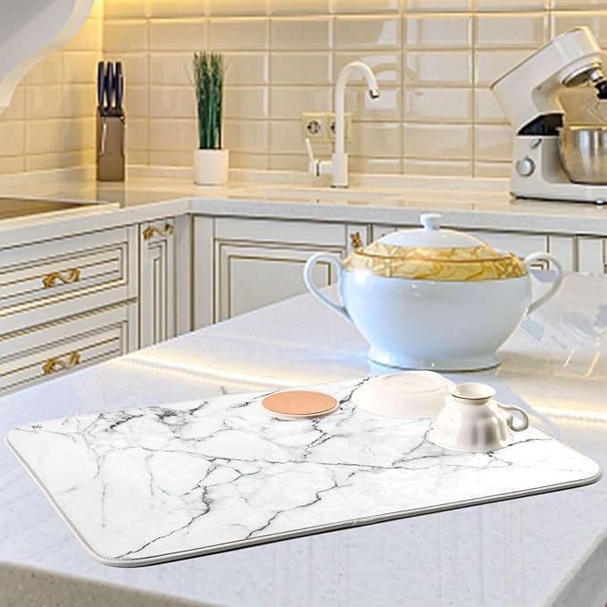 White Grey Marble Dish Drying Mat for Kitchen Counter Absorbent Microfiber Drying Pad, Large 18x24 in, Reversible Drainer Mats