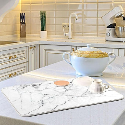 White Grey Marble Dish Drying Mat for Kitchen Counter Absorbent Microfiber Drying Pad, Large 18x24 in, Reversible Drainer Mats