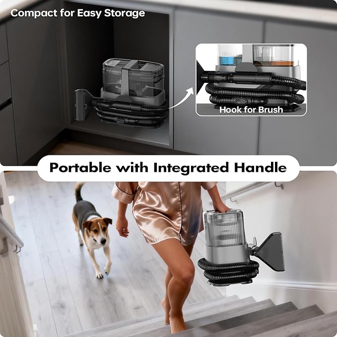 Portable Carpet & Upholstery Spot Cleaner Machine 20Kpa Power Suction Carpet Shampooer Deep Cleaning for Pet Stains,Couch,Stair,Car,Furniture with Dual Brush Heads & Cleaning Solution & Self-Cleaning