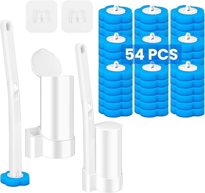 KOKL 2 Pack Disposable Toilet Brush with Holder Set, Toilet Bowl Cleaner, Toilet Bowl Brush with 54 Cleaner Refills, Toilet Cleaning Supplies for Bathroom Maintenance(2-Set)