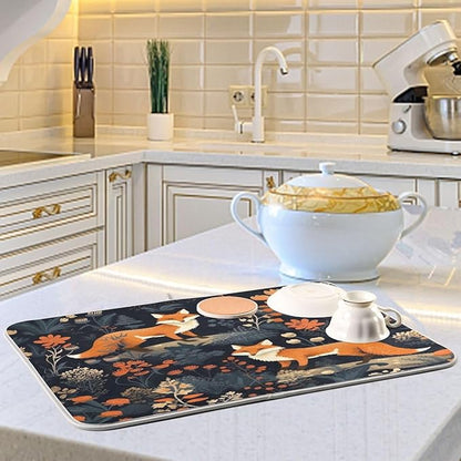 Dish Drying Mat Kitchen Counter Absorbent Two Foxes Coffee Sink Mat Dish Drainer Pad 18 Inch x 16 Inch