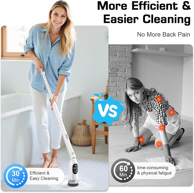 Electric Spin Scrubber, 200Mins Runtime Bathroom Scrubber with 3-Speed & LCD Display, 53IN Extendable Handle, Full-Body IPX7 Shower Scrubber with 8 Heads for Bathtub Kitchen Floor Grout