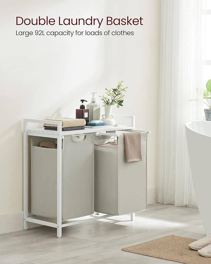 VASAGLE Laundry Hamper, Laundry Basket, Laundry Sorter with 2 Pull-Out and Removable Bags, Shelf, Metal Frame, 2 x 12.1 Gallons (46 L), 28.8 x 13 x 28.4 Inches, Cream White and Cloud White UBLH201W01