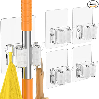 Batur Broom Holder Wall Mount, 4 Pack New Version Adhesive Mop and Broom Holder Wall Mount, Super Anti-Slip Broom Hanger Mop Organizer Wall Hanging for Bathroom, Kitchen, Laundry Room