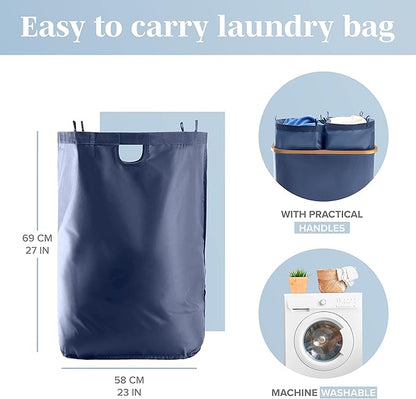 LONBET Laundry Basket with Lid, Made from Breathable Fabric | Aesthetic Clothes Hampers for Laundry with Side Handles & Sturdy Bamboo Frame (40 Gallons - Double, Blue)