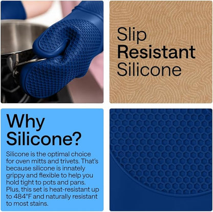 GORILLA GRIP BPA-Free Soft Silicone Oven Mitts and Pot Holders Sets of 4, Heat Resistant Waterproof Cooking Gloves, Thick Cotton Lining, Flexible Gripping for Baking Grilling, Kitchen Trivets, Blue