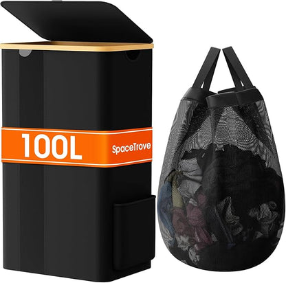 Laundry Basket Clothes Hamper with Lid and Removable Bag Large Collapsible Laundry Baskets with Handle, Freestanding Hampers for Bedroom Aesthetic, Dorm, Bathroom, Laundry Room 100L (Black)