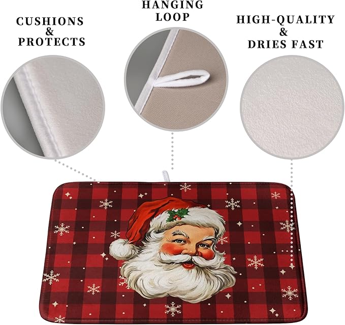 Santa Claus Christmas Dish Drying Mat Xmas Red and Black Buffalo Plaid Snowflake Drying Mats Winter Holiday Dishes Drying Pad Microfiber Absorbent Dish Drainer Rack Mat 16x18 Inch
