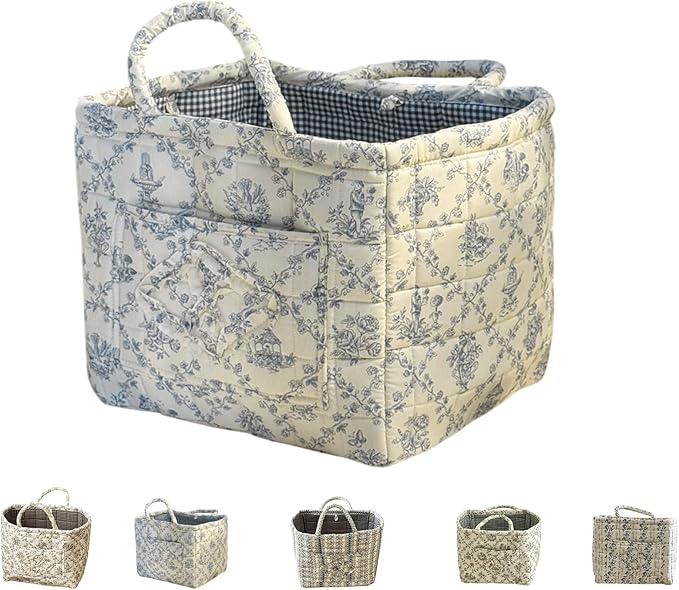 Quilted Laundry Basket with Handles,Boho Quilted Floral Storage Basket with Handles & Pocket,Foldable Cotton Fabric Organizer Tote for Car, Nursery, Laundry, Toys, Picnic, Closet (Blue flowers)
