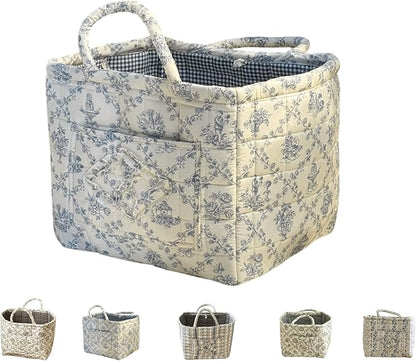 Quilted Laundry Basket with Handles,Boho Quilted Floral Storage Basket with Handles & Pocket,Foldable Cotton Fabric Organizer Tote for Car, Nursery, Laundry, Toys, Picnic, Closet (Blue flowers)