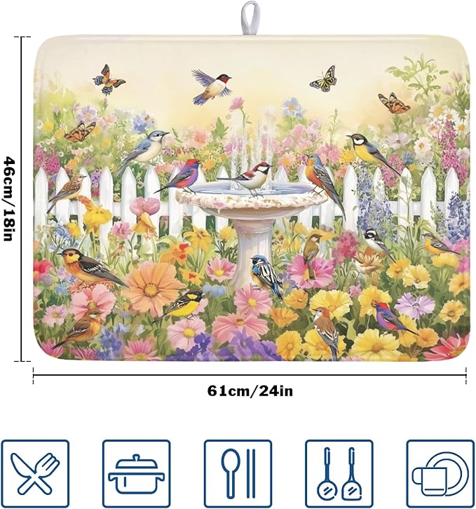 Spring Summer Floral Birds Dish Drying Mat for Kitchen Counter Colorful Garden Pattern Drying Mat 18x24 Inch Rustic Farmhouse Absorbent Dish Drainer Mat Kitchen Accessories