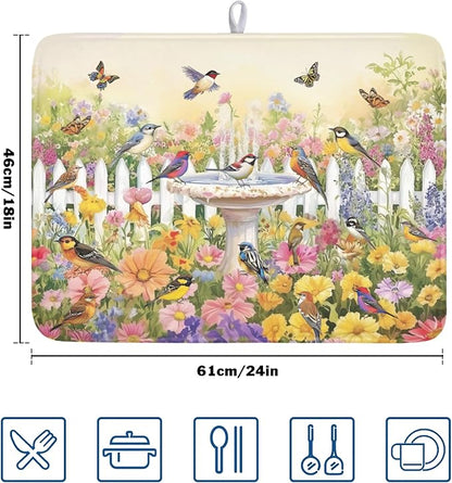 Spring Summer Floral Birds Dish Drying Mat for Kitchen Counter Colorful Garden Pattern Drying Mat 18x24 Inch Rustic Farmhouse Absorbent Dish Drainer Mat Kitchen Accessories