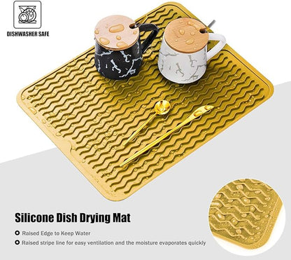 Silicone Dish Drying Mat for Multiple Usage, Easy clean, Eco-friendly, Heat-resistant Dish Drainer Mat for Kitchen Counter,Sink,Refrigerator or Drawer liner (16" x 12", Yellow)